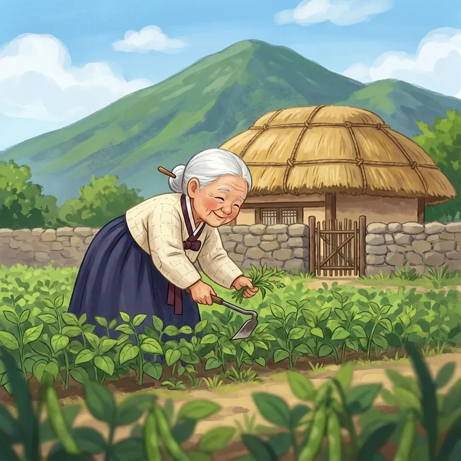 On a bright summer day, a little white-haired granny in a cream jacket and navy skirt bends over her red-bean field with a small hoe, her thatched cottage and a green mountain behind her.