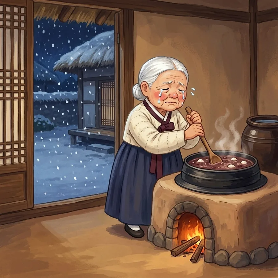 On a snowy night, the granny cries big tears as she stirs a black cauldron of dark red porridge in her kitchen, the fire glowing beneath it.
