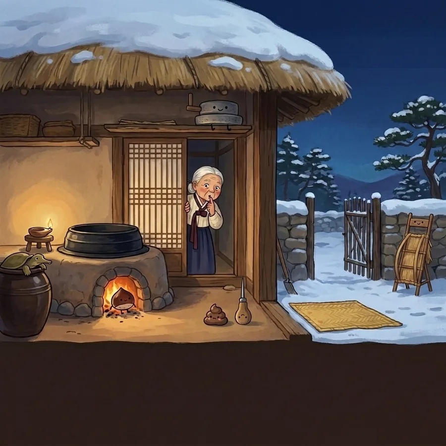 A cut-away view of the house at night shows everyone hiding: the chestnut in the fire, the turtle in the water jar, the poop and the awl by the door, the millstone on a shelf, the mat in the yard and the carrier by the gate, while the granny peeks out with a finger to her lips.