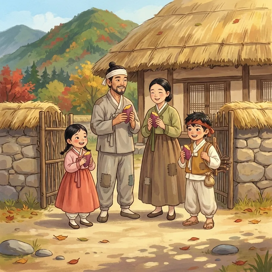 On a golden autumn morning, a family of four stands at the twig gate of a small thatched house, each holding a piece of sweet potato; the boy wears a wooden carrier on his back.