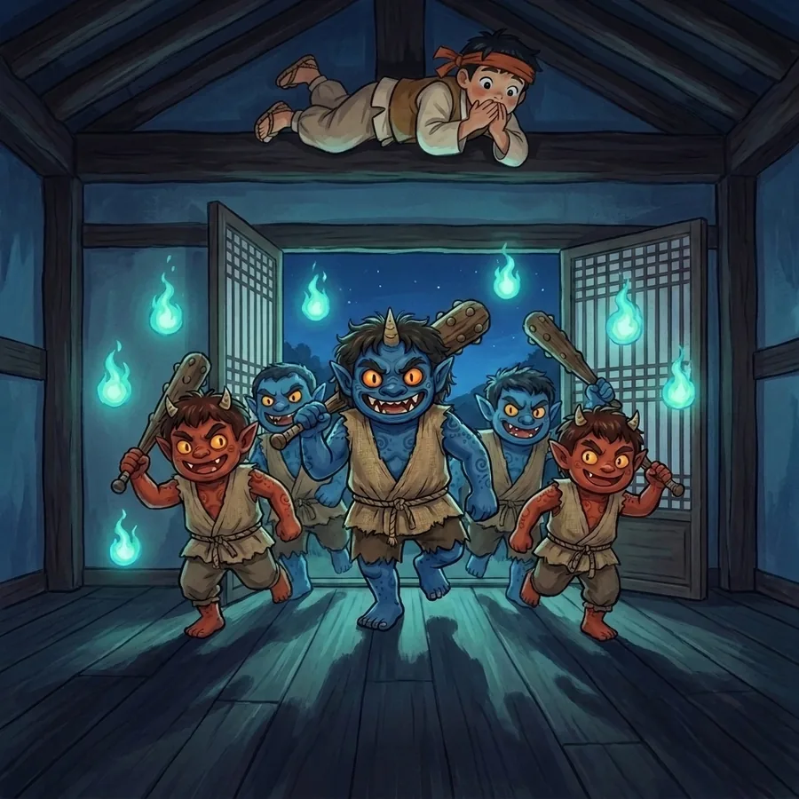 At midnight, five grinning blue and red goblins with wooden clubs burst through the door, lit by floating blue-green flames, while the boy on the beam above claps his hands over his mouth.