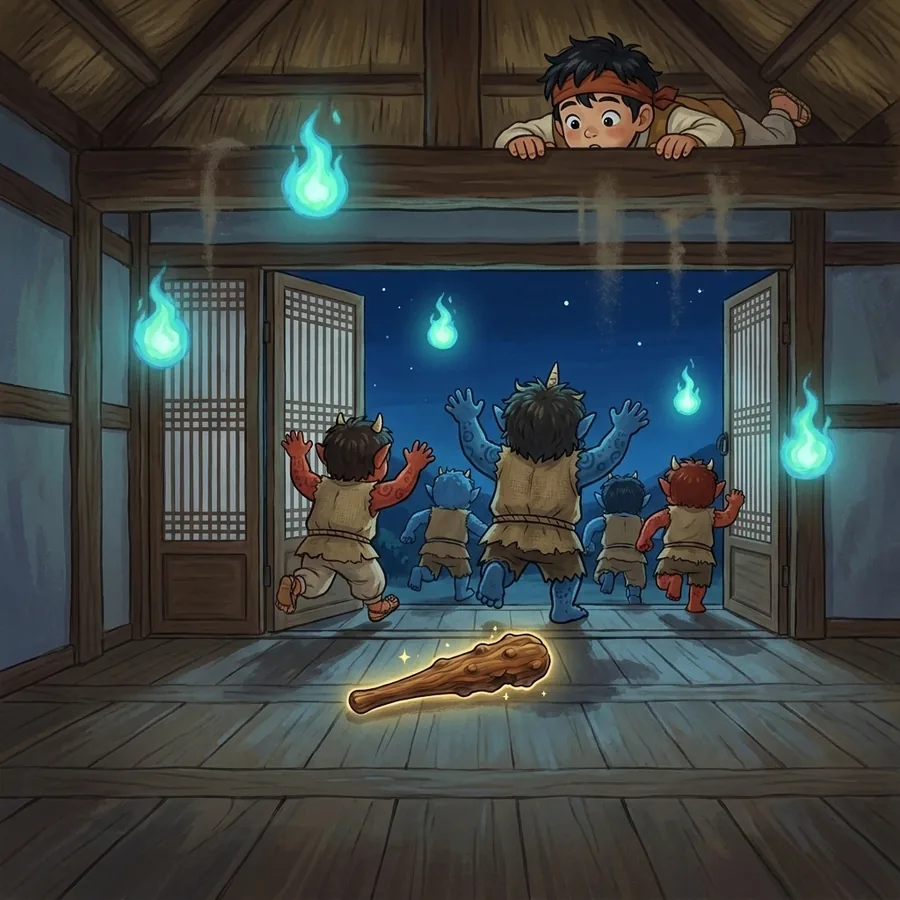 The goblins run out of the open door into the night, arms flailing, leaving one wooden club glowing on the floor, as the boy peeks down from the beam.